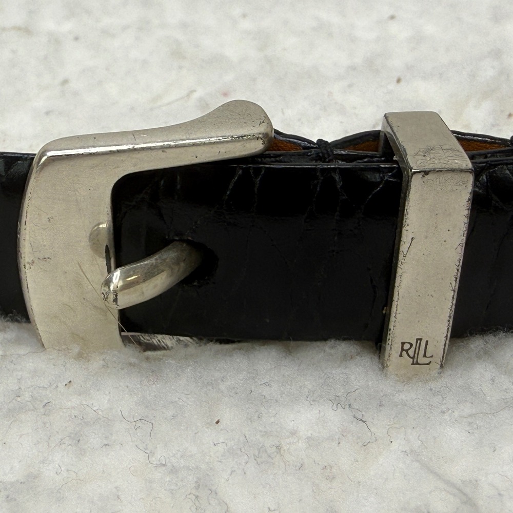 Lauren Ralph Lauren Black Croc Embossed Leather Skinny Belt Silver Buckle M